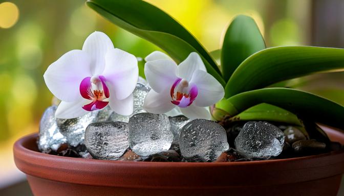 cubos de hielo posadas en una maceta con una orquídea